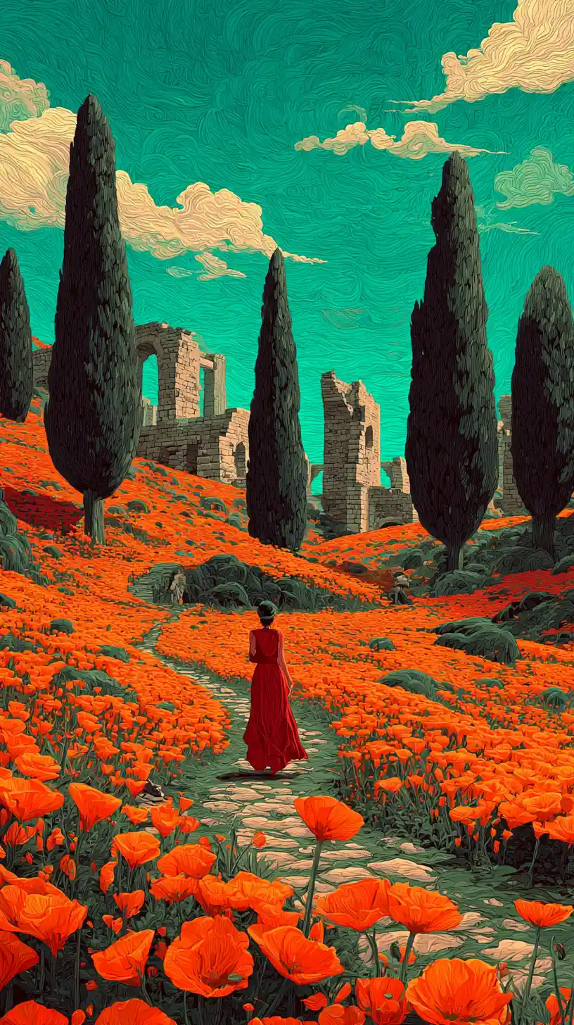 Woman in red dress walking through surreal fantasy garden