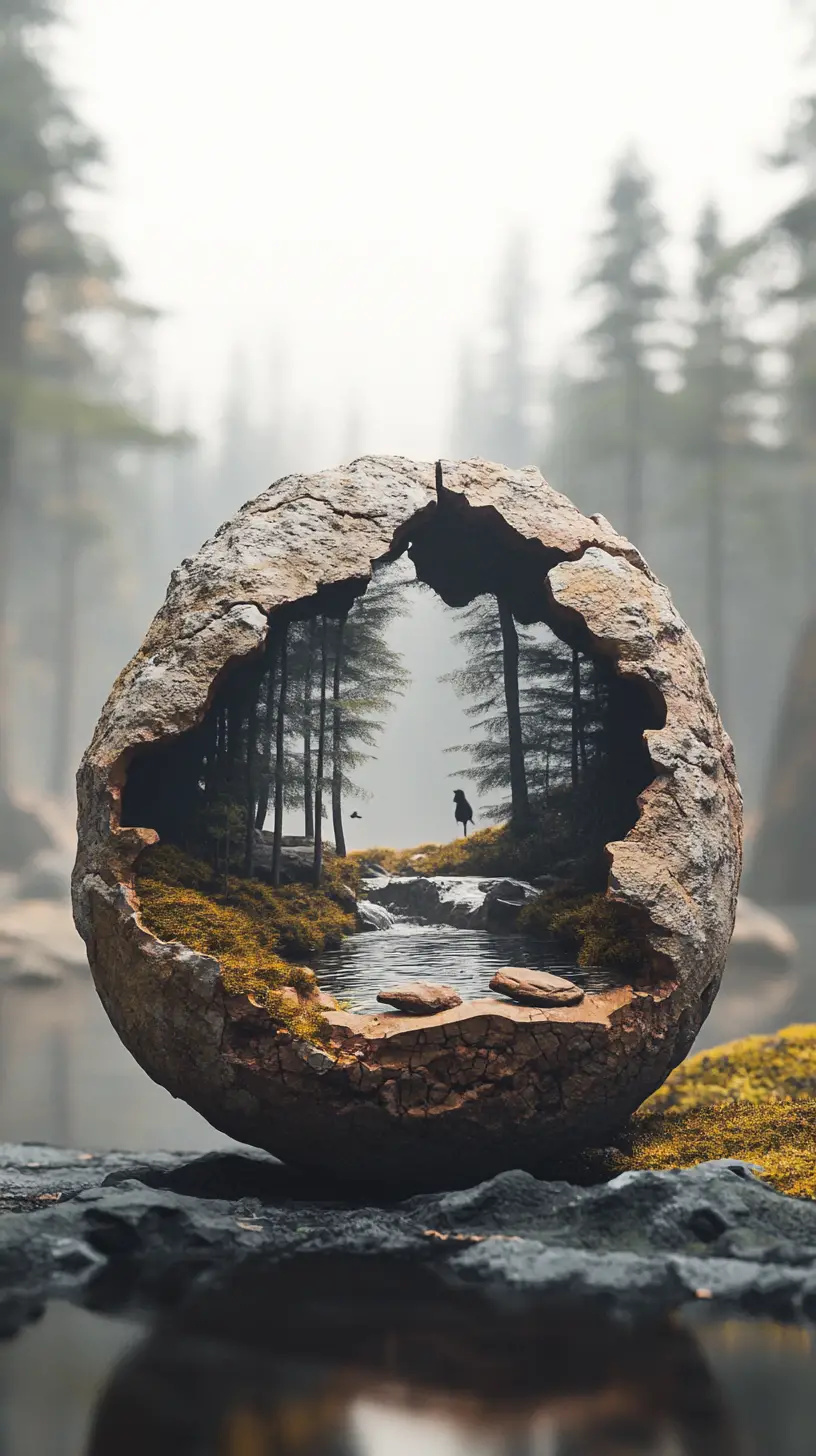 Surreal desert rock revealing a hidden forest stream