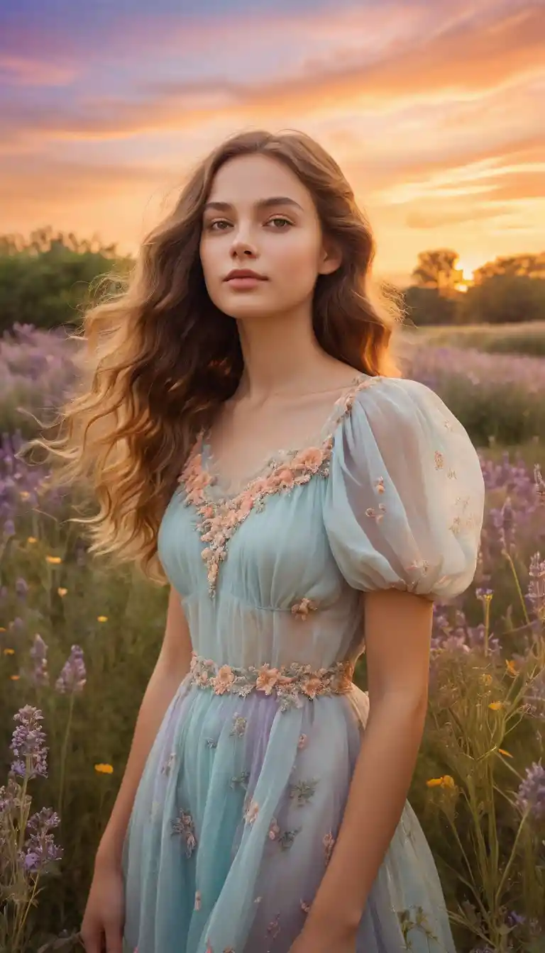 Peaceful woman standing in glowing sunset flower field