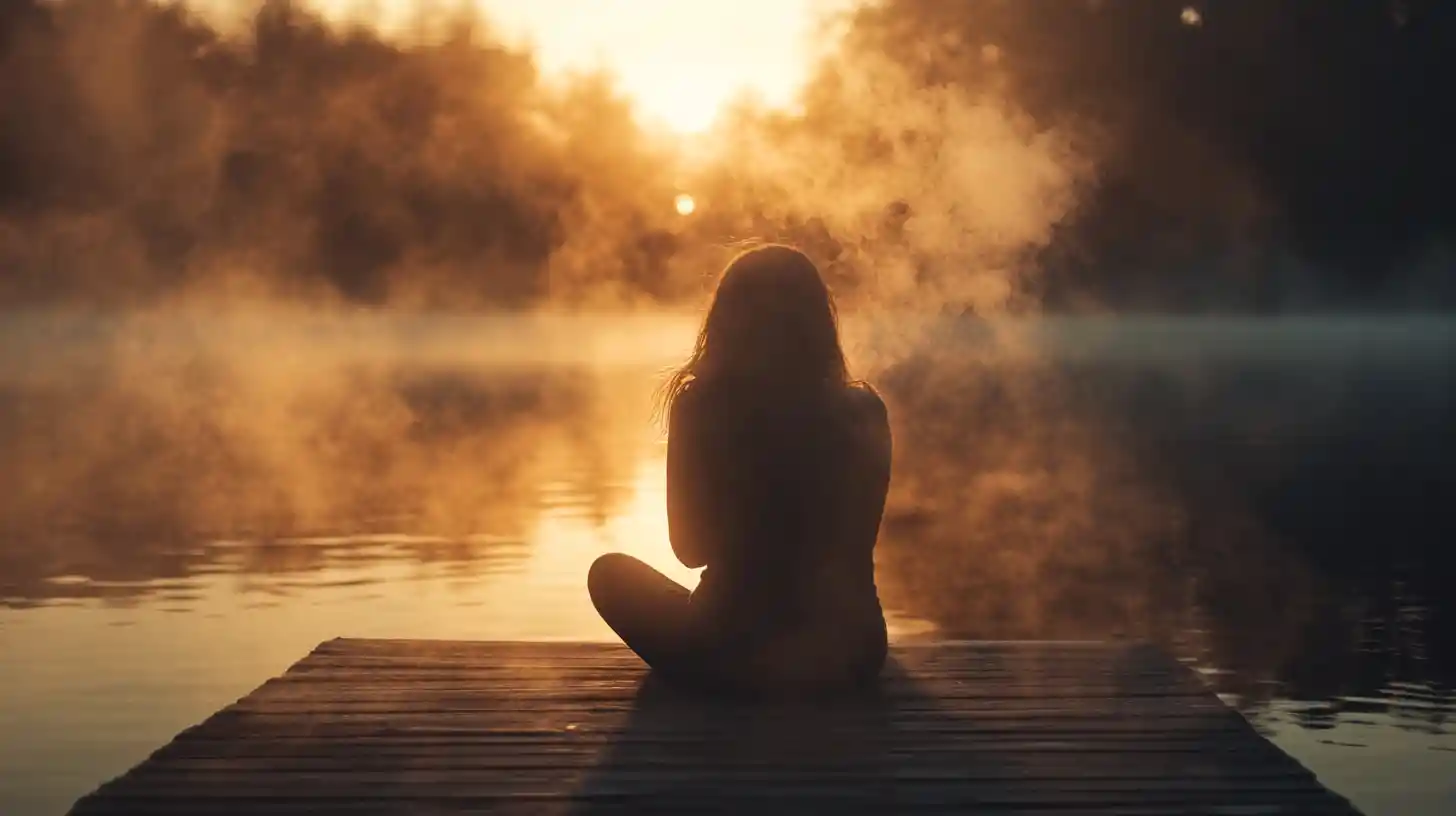 Woman on lakeside dock dissolving into smoke at sunset