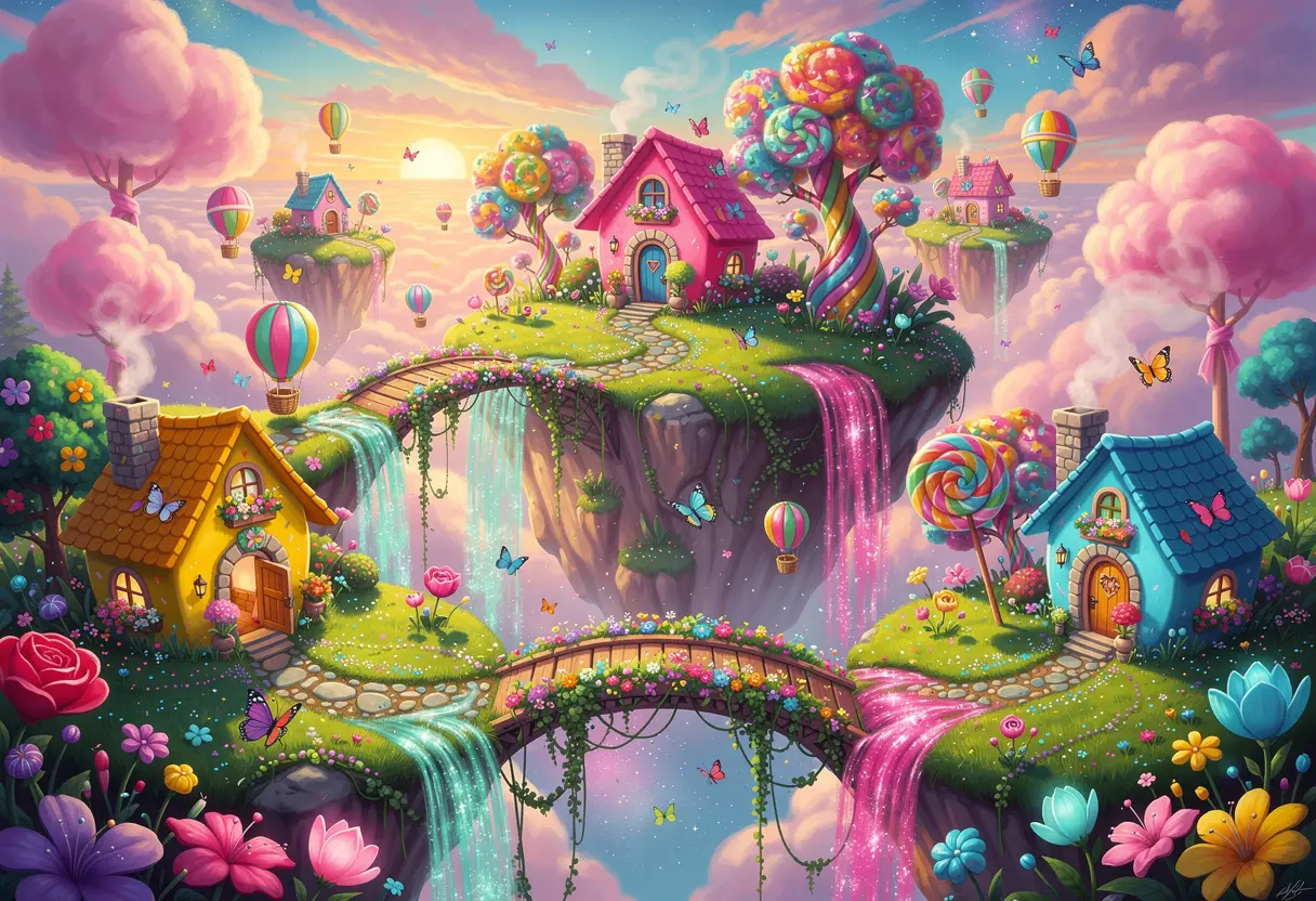 Whimsical Floating Islands In A Candy Colored Fantasy Sky