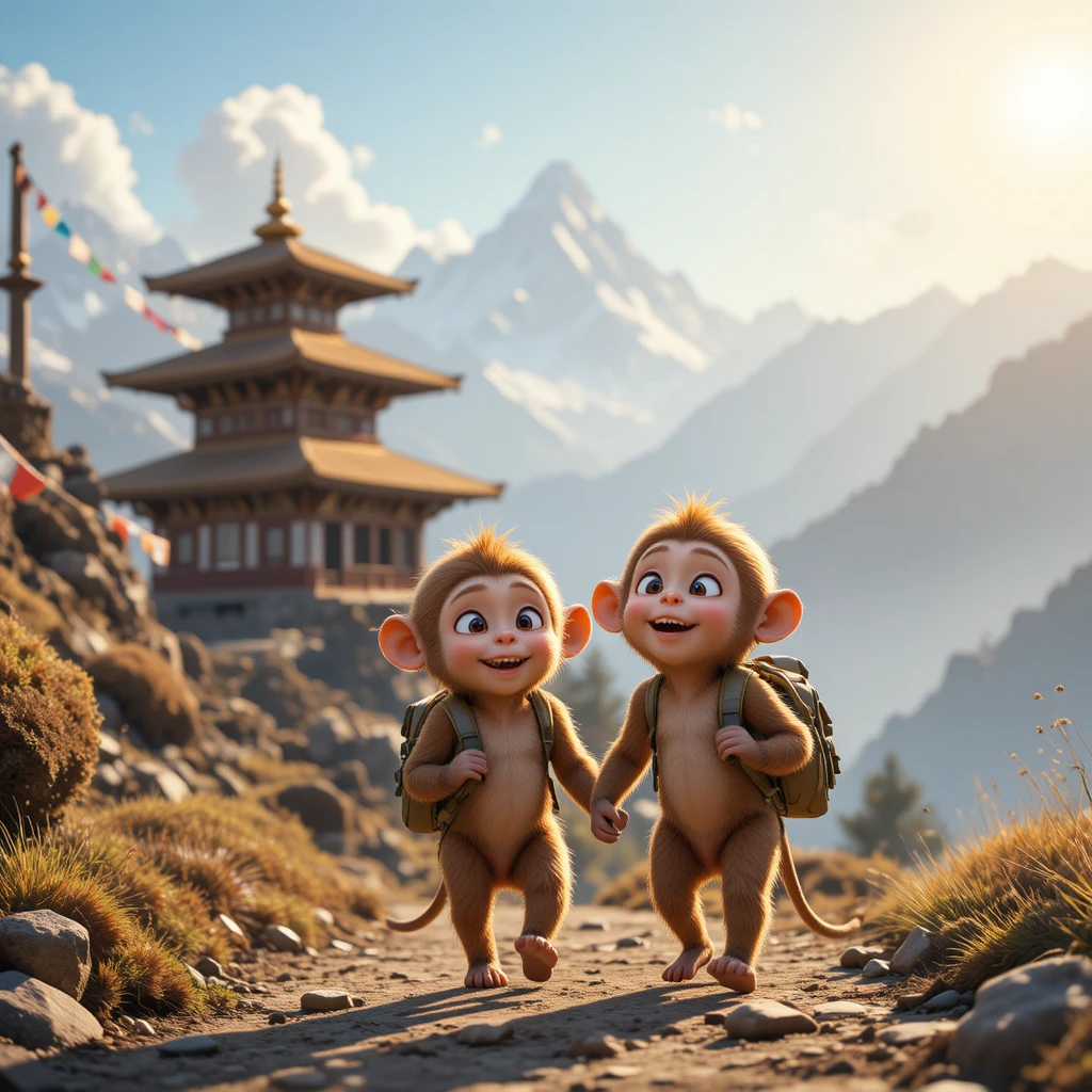 Dos monos jóvenes de excursión por un soleado sendero de montaña del Himalaya