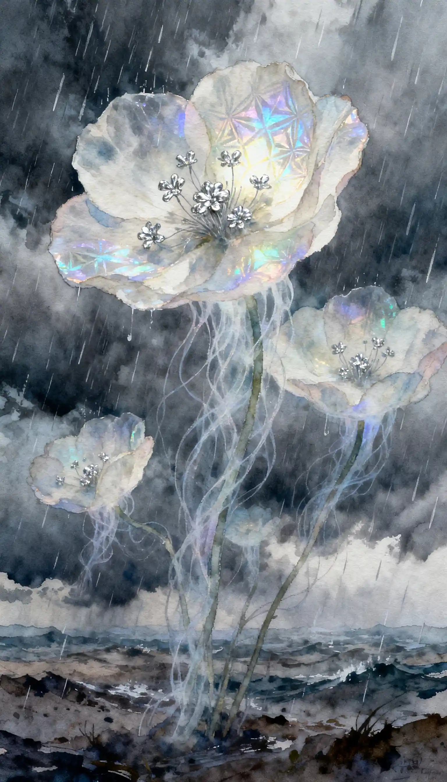 Geisterhafte Blumen, die in einer stürmischen, trostlosen Landschaft leuchten