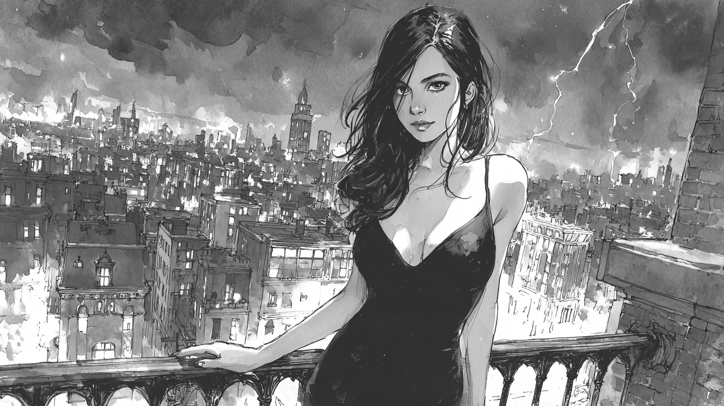 Elegant woman on rooftop before a stormy night skyline