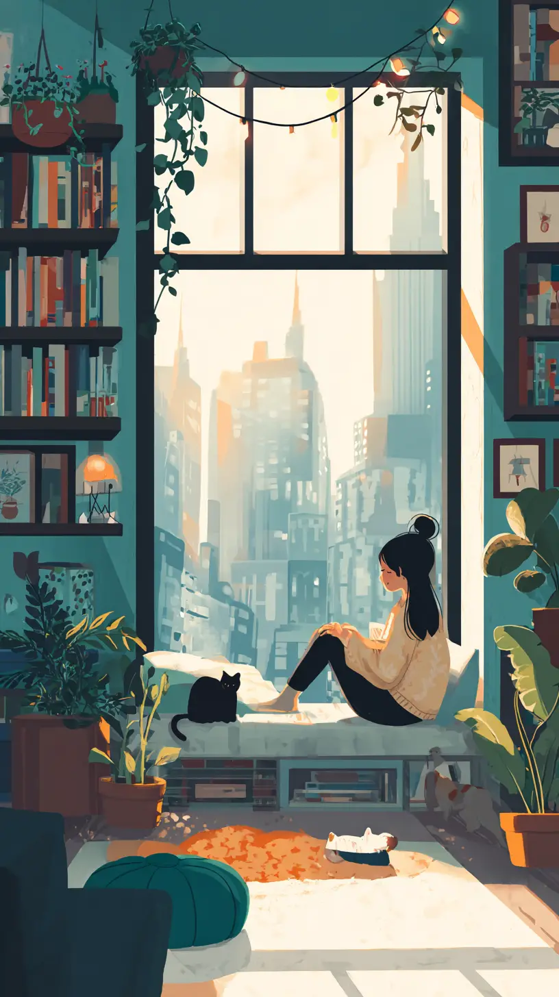 Cozy Apartment Scene With Girl Relaxing With Pets