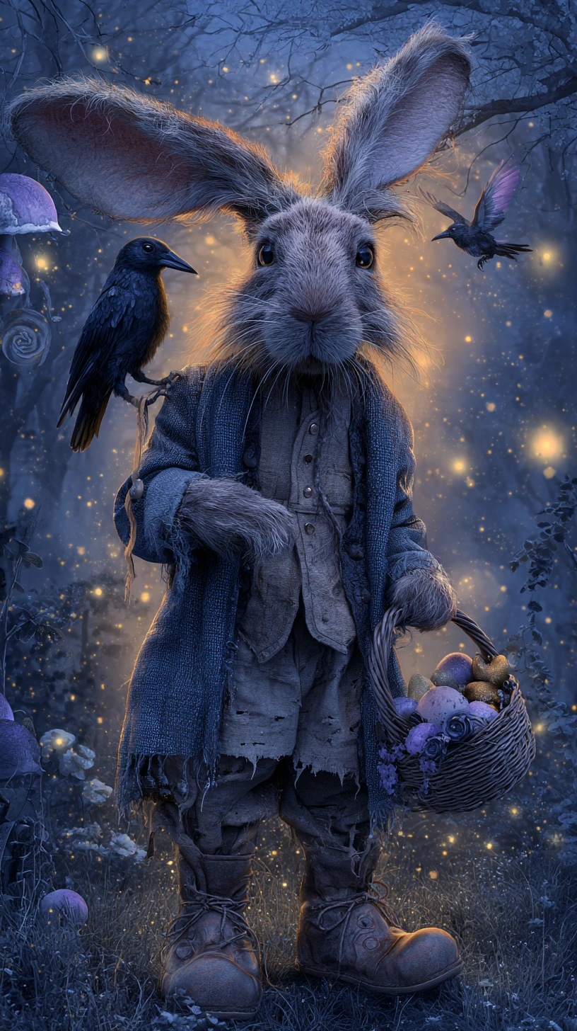 Ominous rabbit with basket in a mystical dusk forest