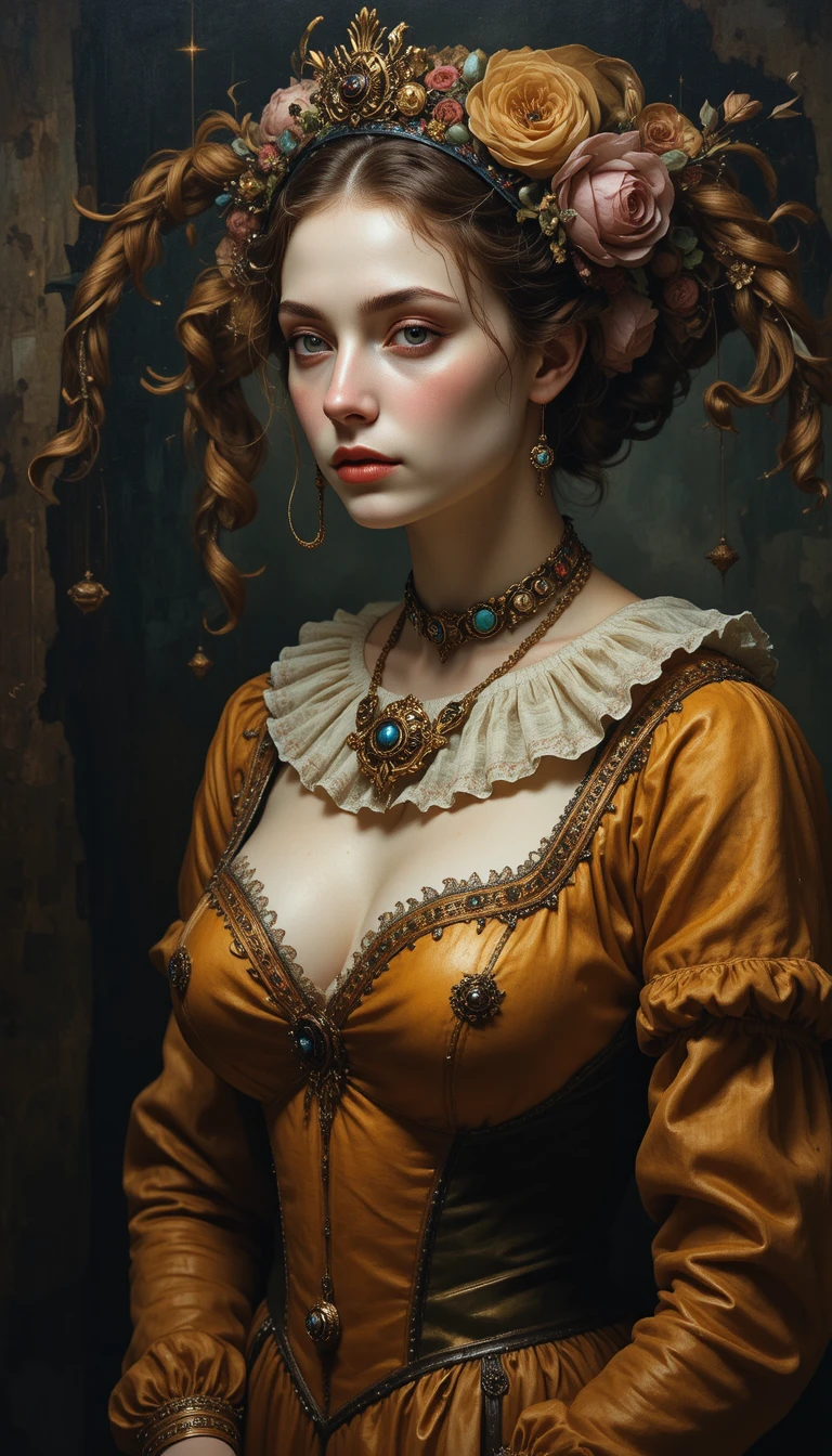 Young clown woman in surreal honey toned oil painting