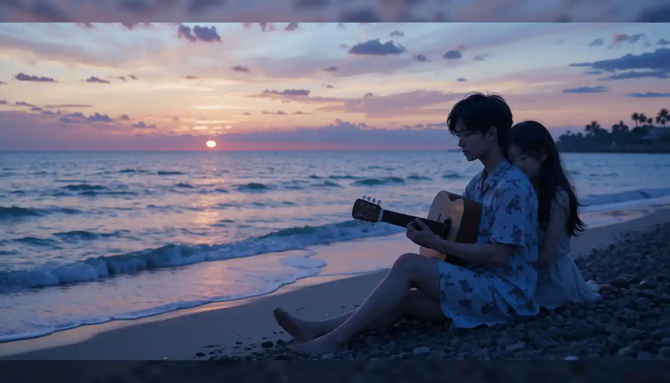 Anime couple on a quiet beach at dusk with guitar