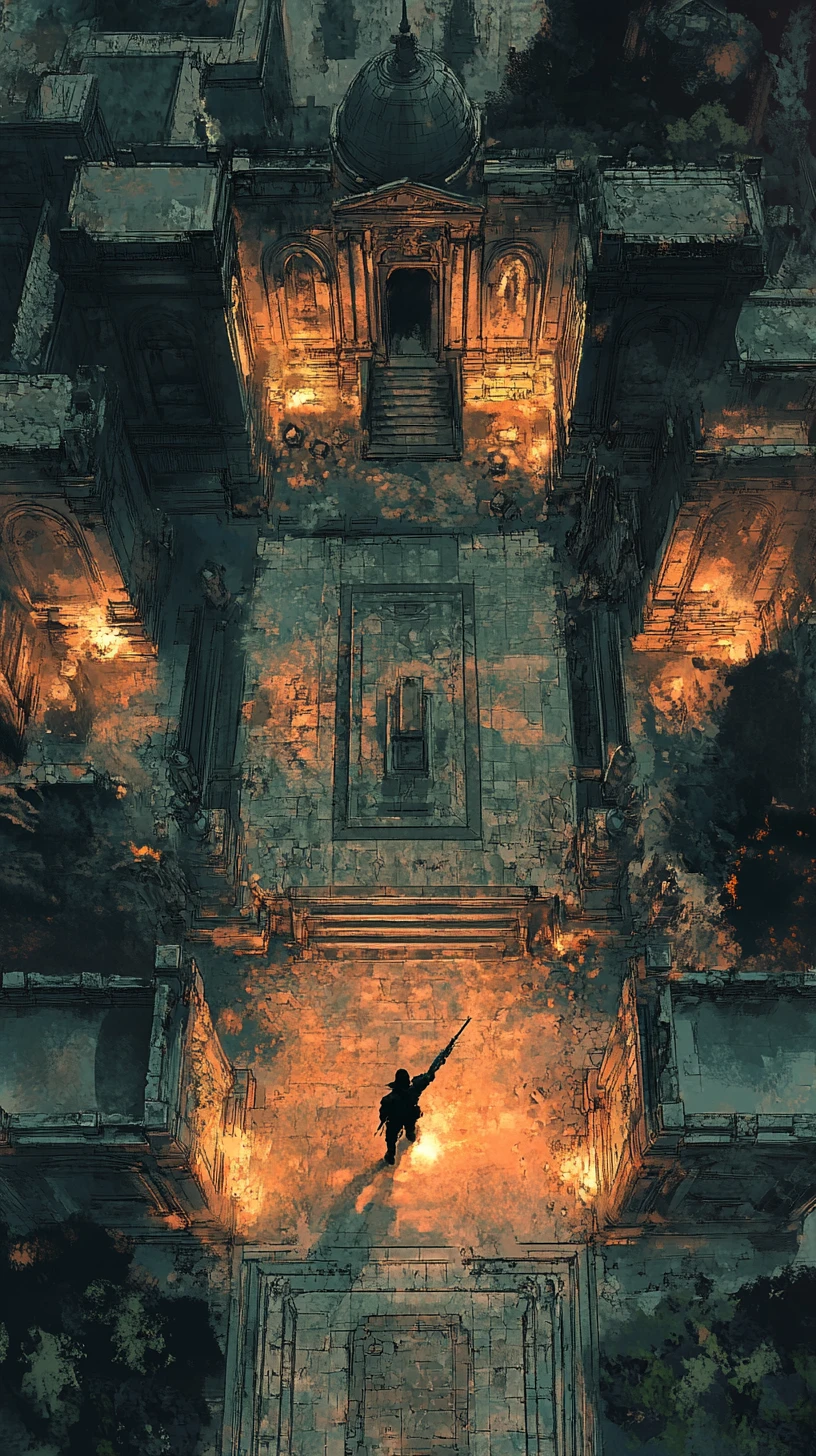 Soldier With Flamethrowers Among Mausoleum Tombs Below