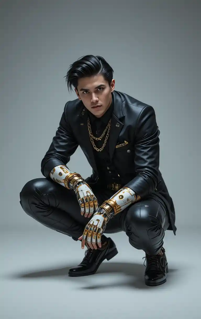 Cybernetic man in black suit crouching with a gun