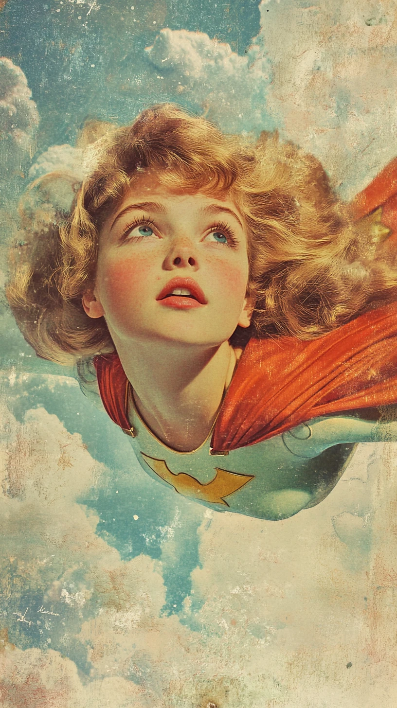 Vintage comic style superheroine in a soft dreamy world