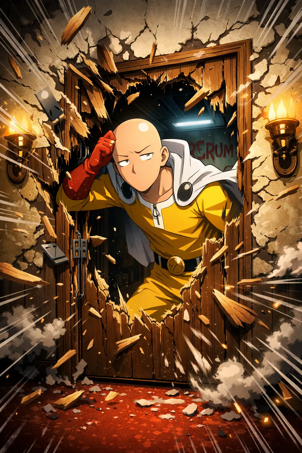 Héroe de anime aburrido atraviesa a puñetazos la puerta destrozada de un hotel