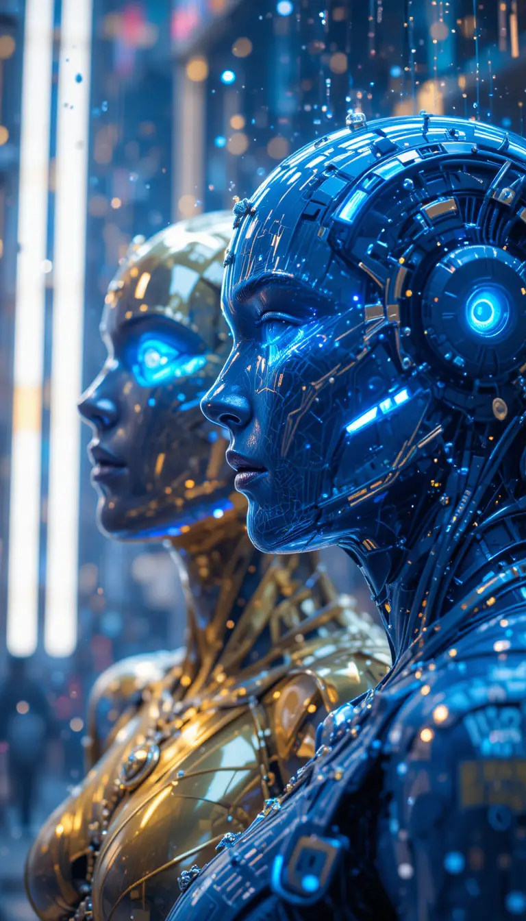 Cyber humanoids celebrating new year in neon cityscape