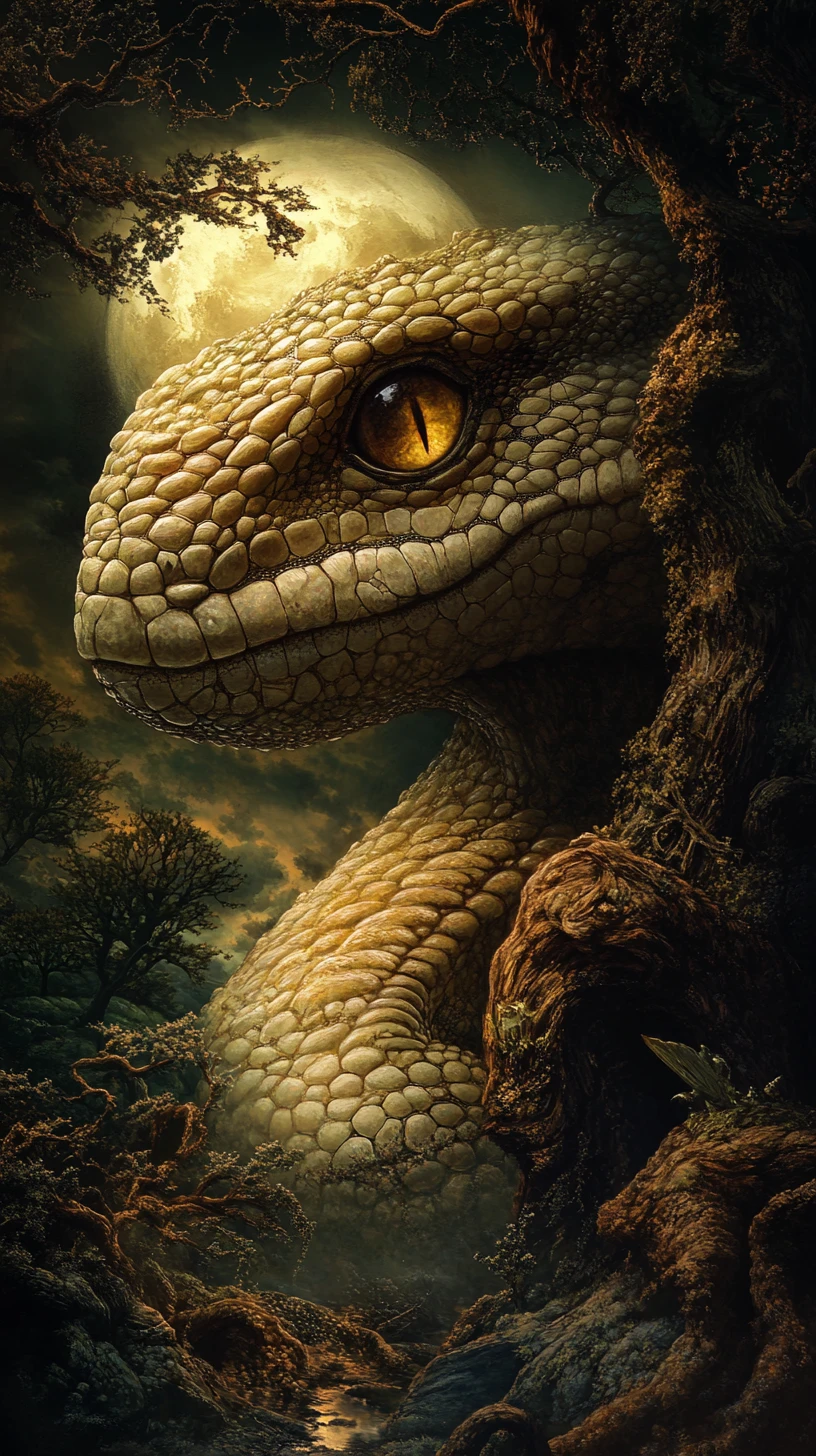 Surreal reptile emerging over a dark gothic landscape