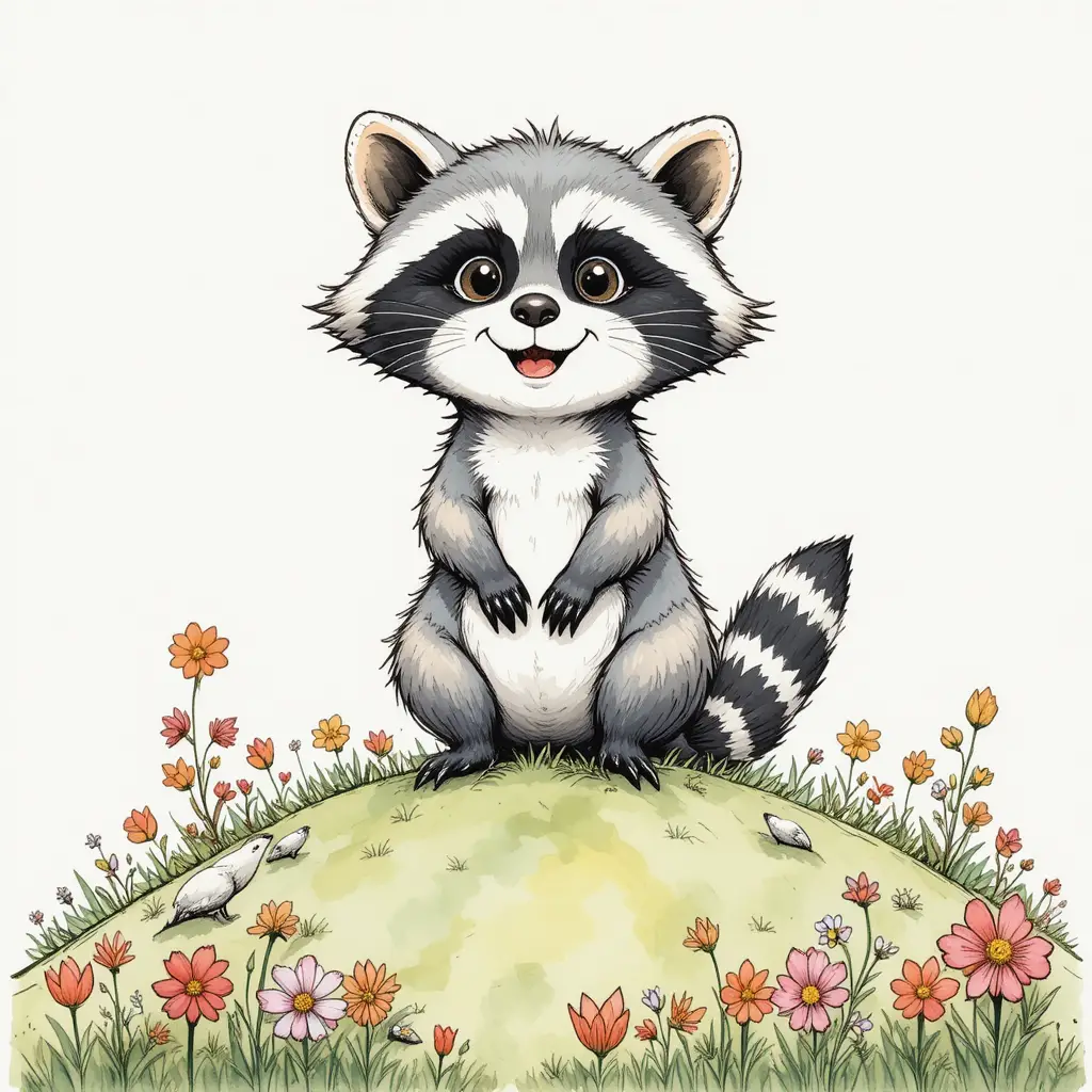 Cute watercolor raccoon illustration on a spring flower hill
