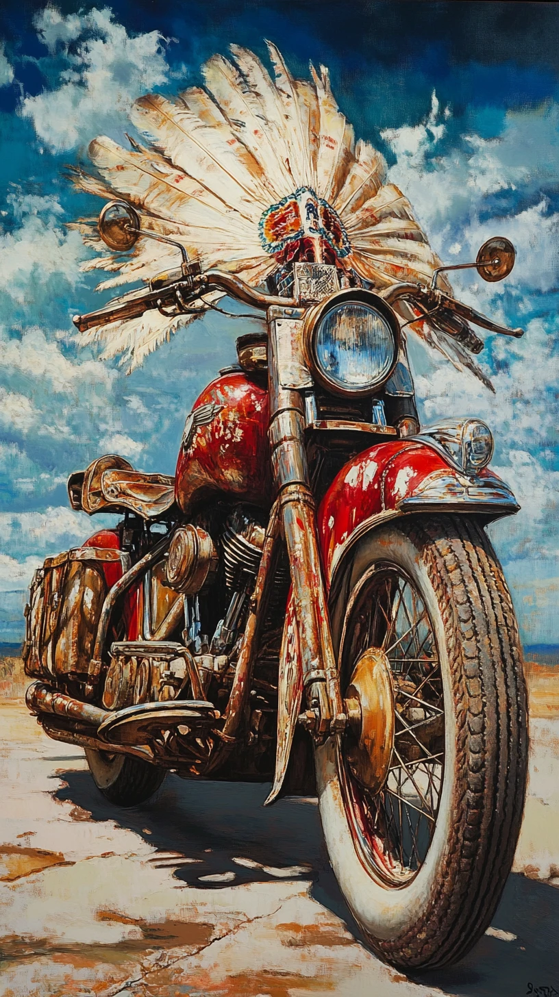 Pintura surrealista de una motocicleta clásica con colores vivos