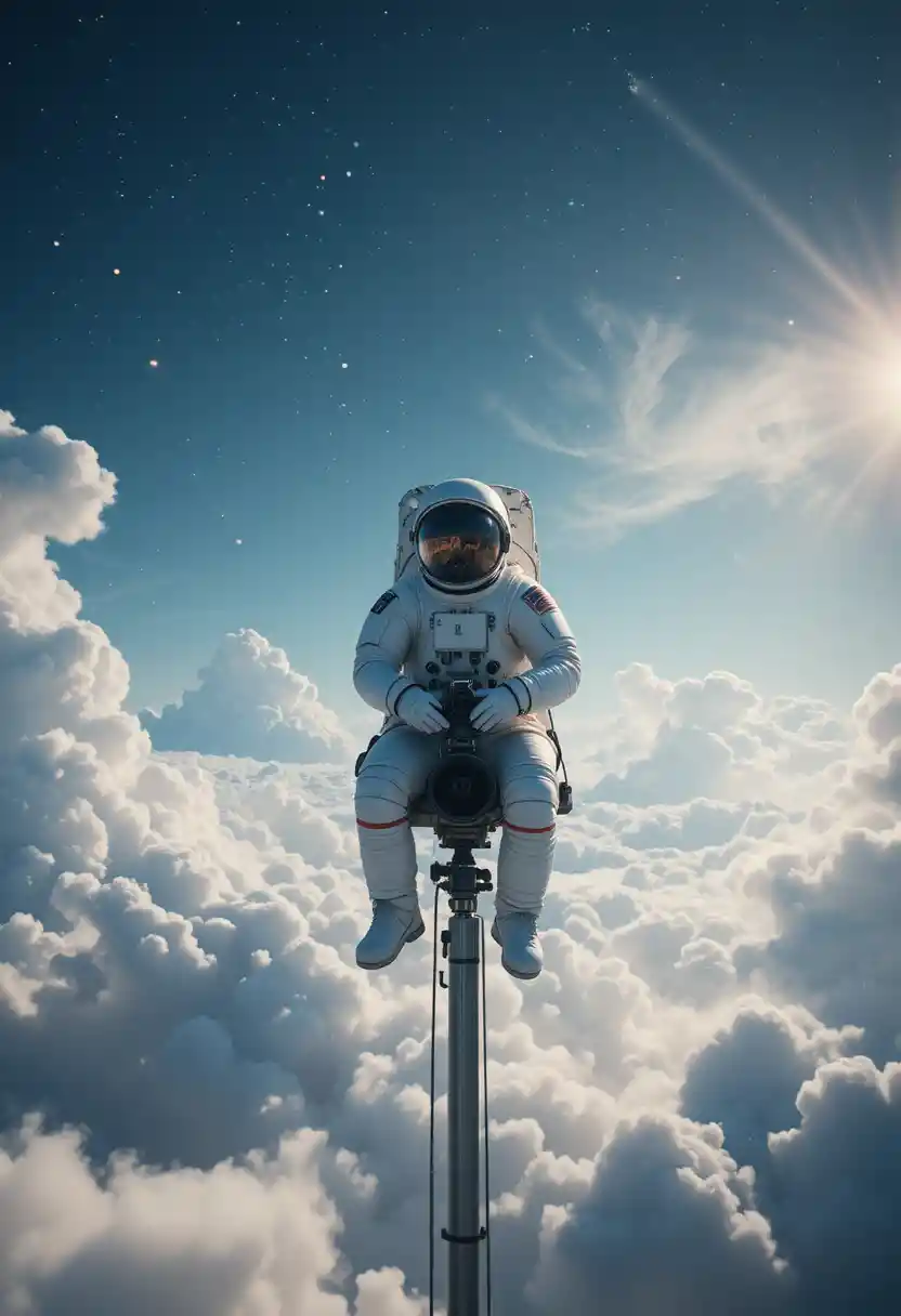 Astronaut Sitting On A Camera High In The Open Sky