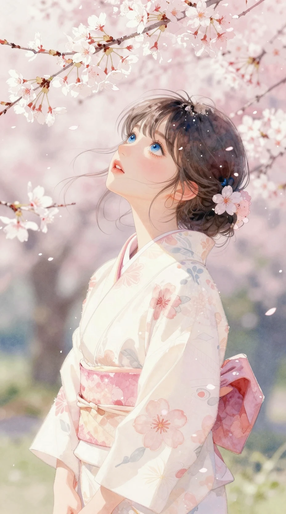 Watercolor girl in kimono under swirling cherry blossoms