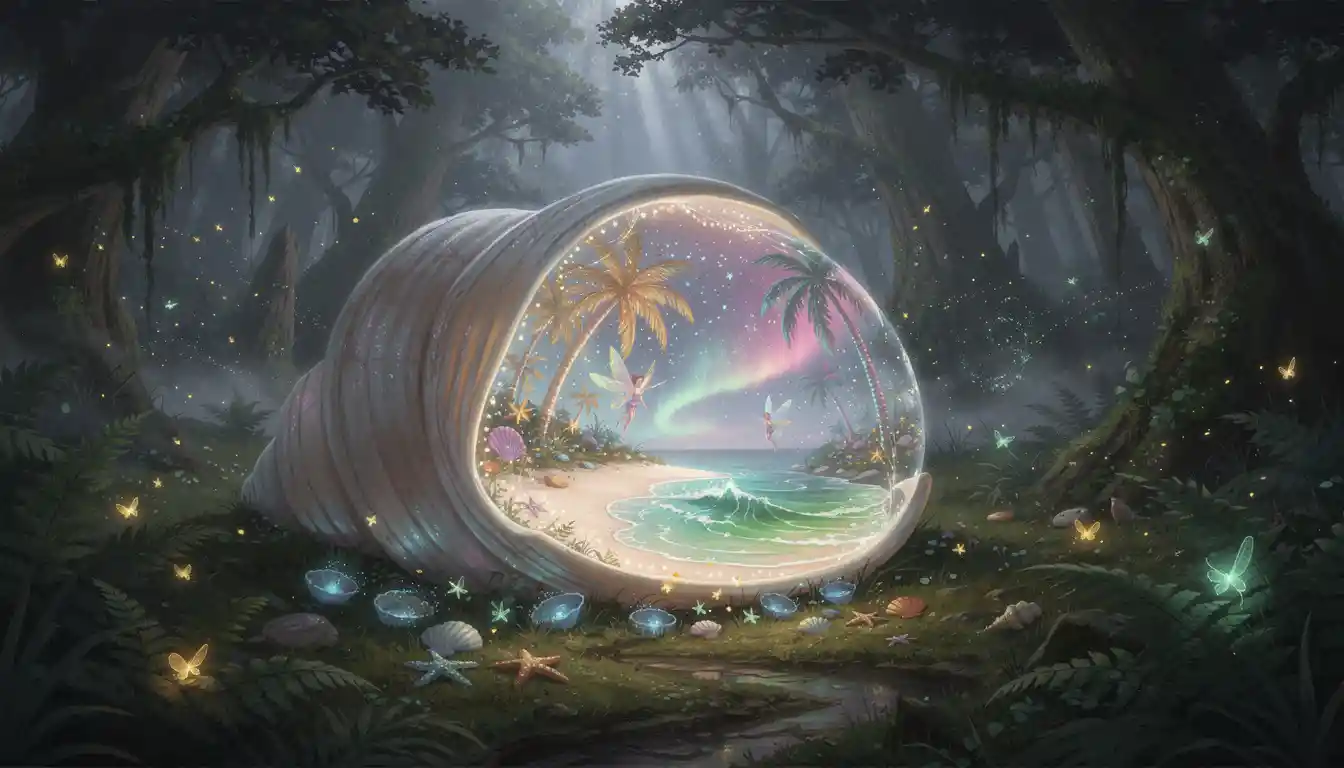 Ancient glowing conch shell in an enchanted forest clearing