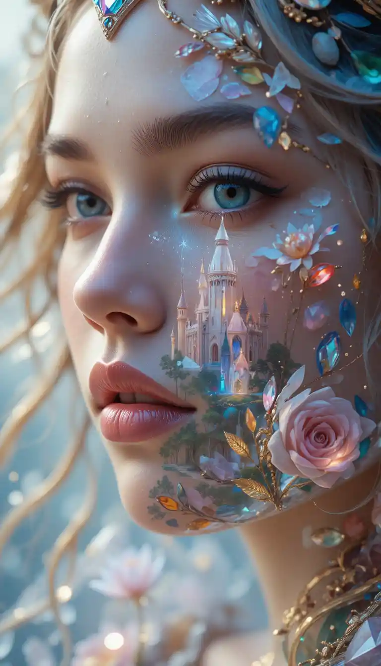 Fantasy queen close up in a glowing crystal jewel land