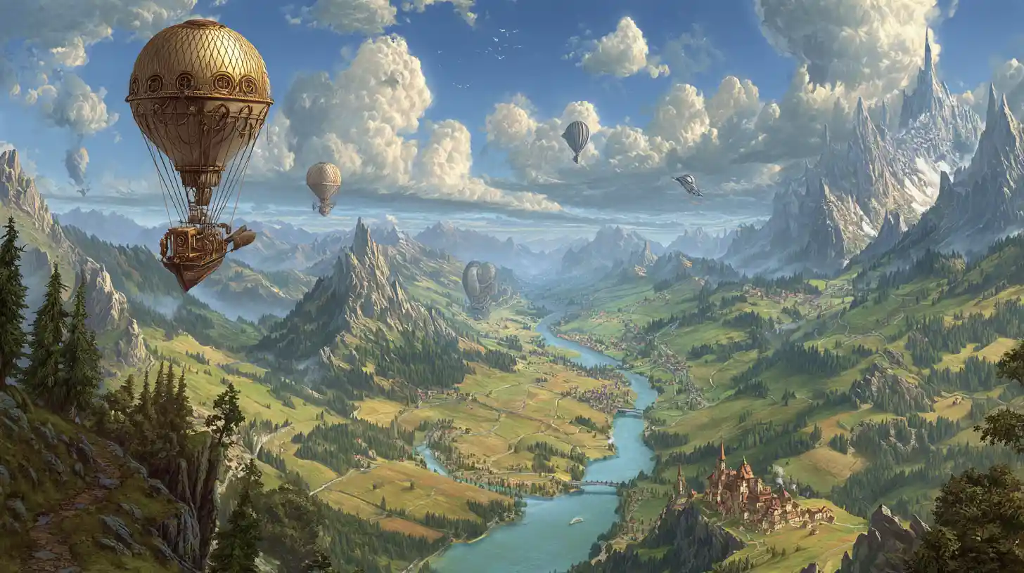 Dirigeables Steampunk au-dessus d’une Vallée de Montagne Colorée
