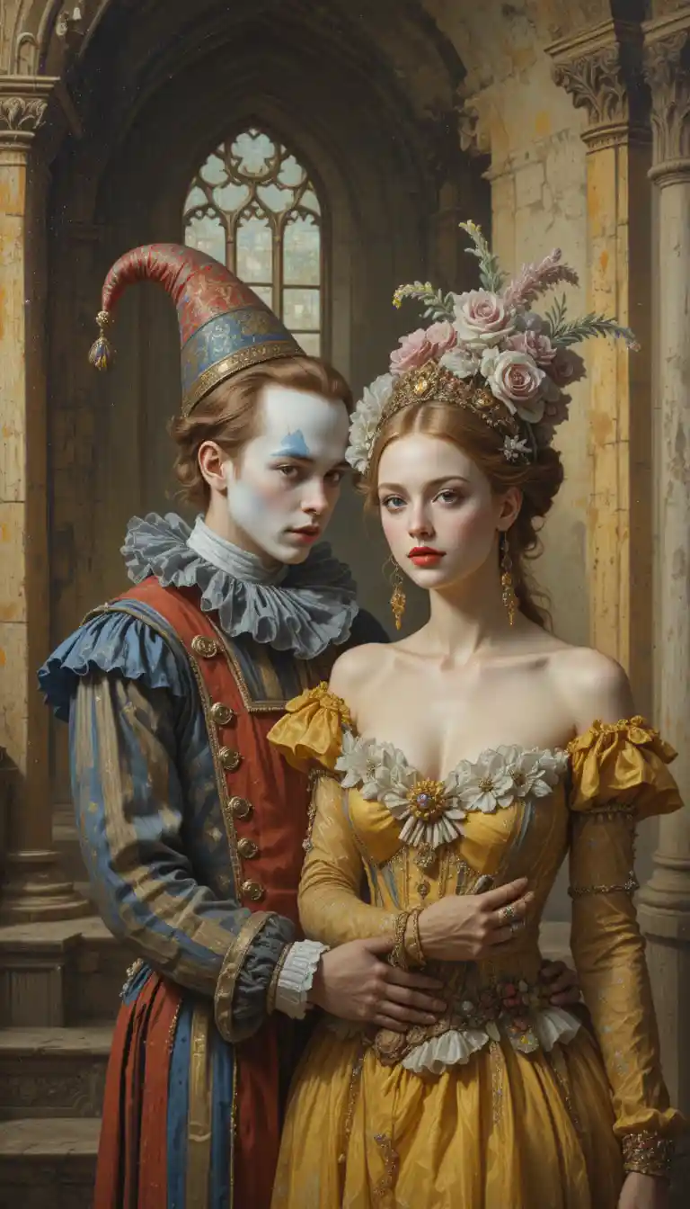 Giovani clown, uomo e donna, in un grandioso dipinto di castello