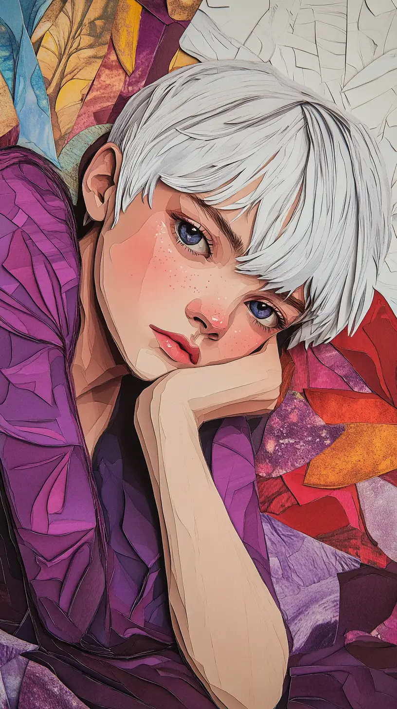 Paper collage girl with silver hair in purple costume