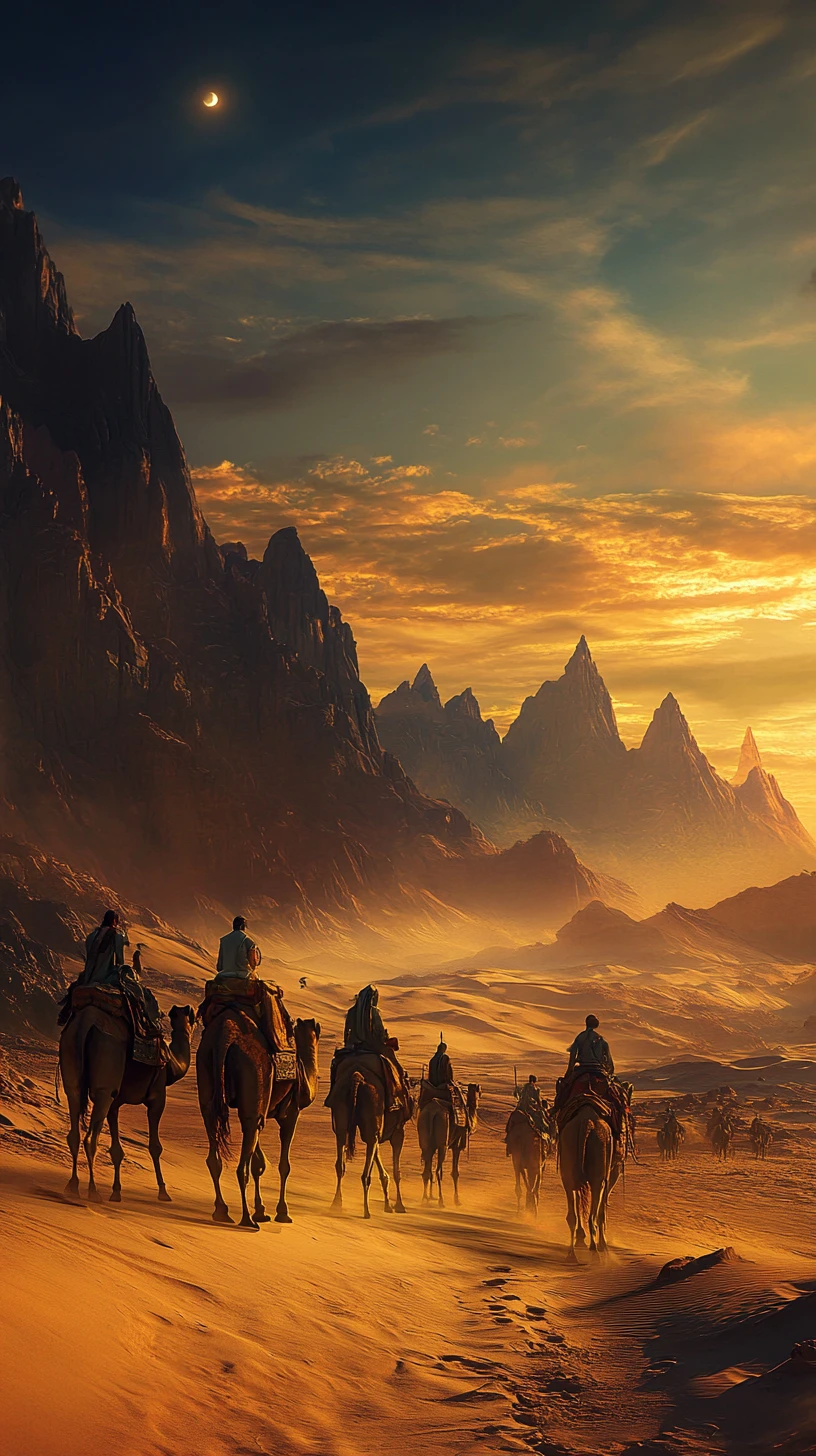 Camel caravan crossing desert dunes at sunset twilight