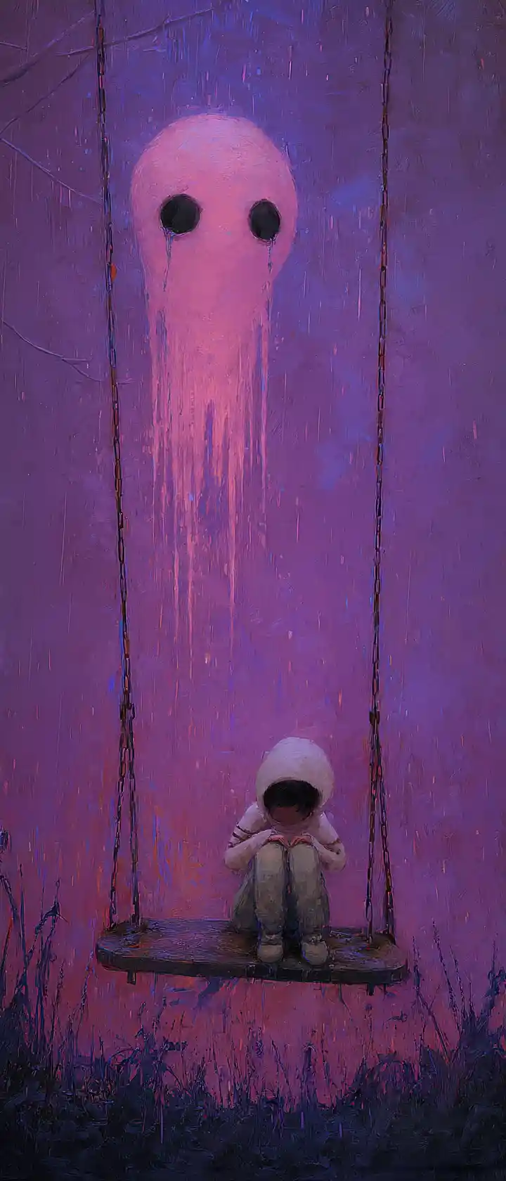 Alien comforting lonely child above rainy playground at dusk
