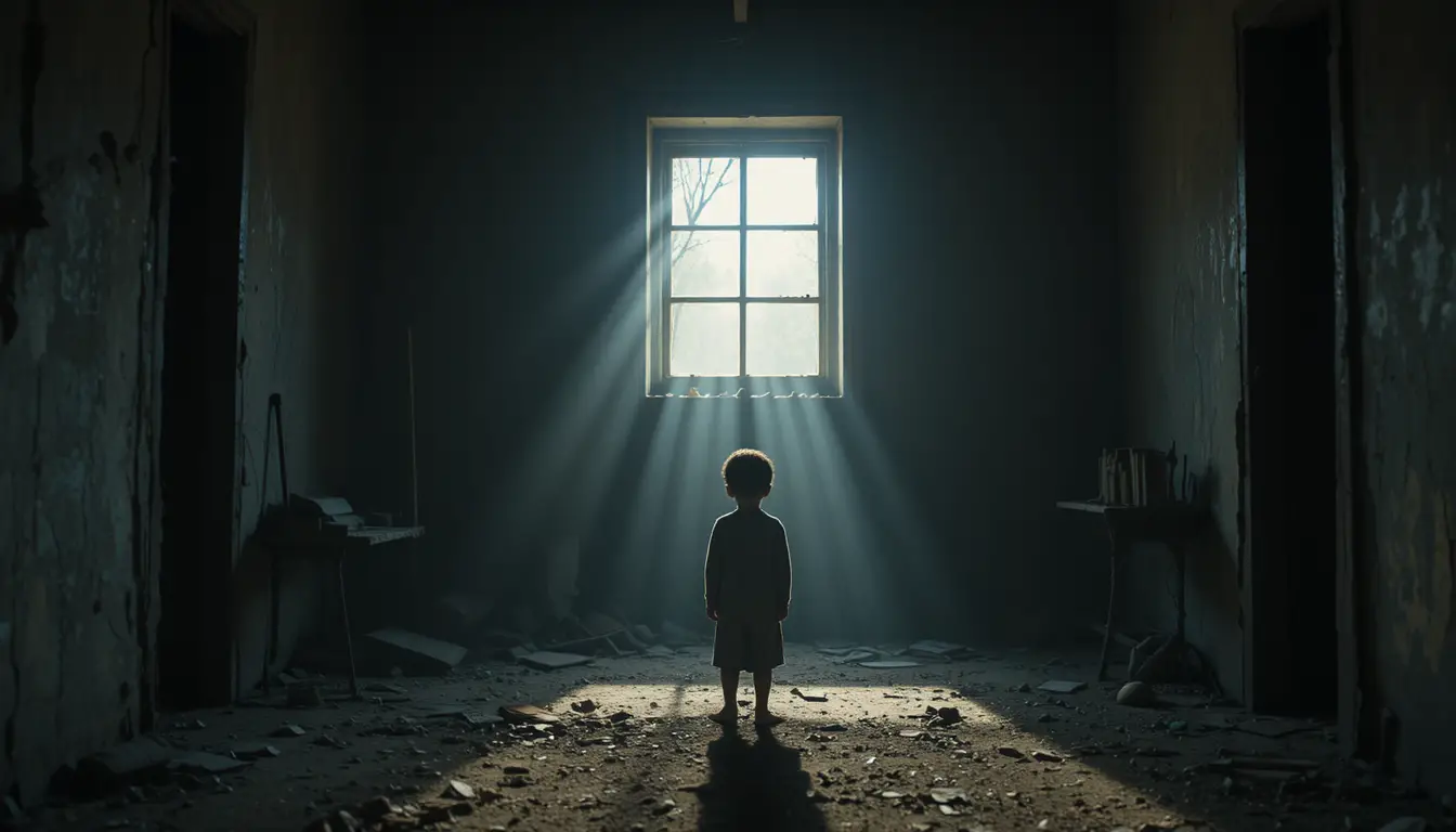 Lonely young child in a dark rural house with window light