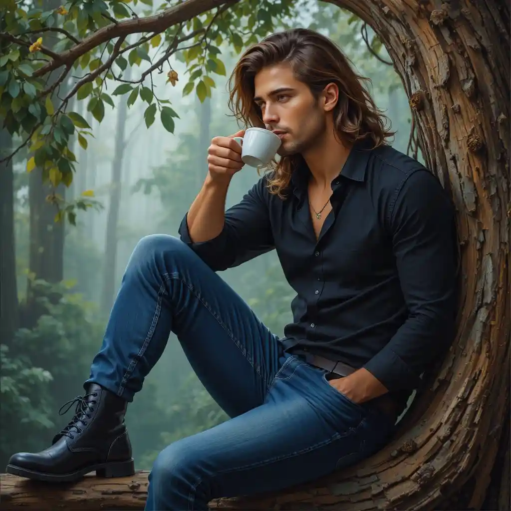 Man with coffee sitting on a tree branch in jeans