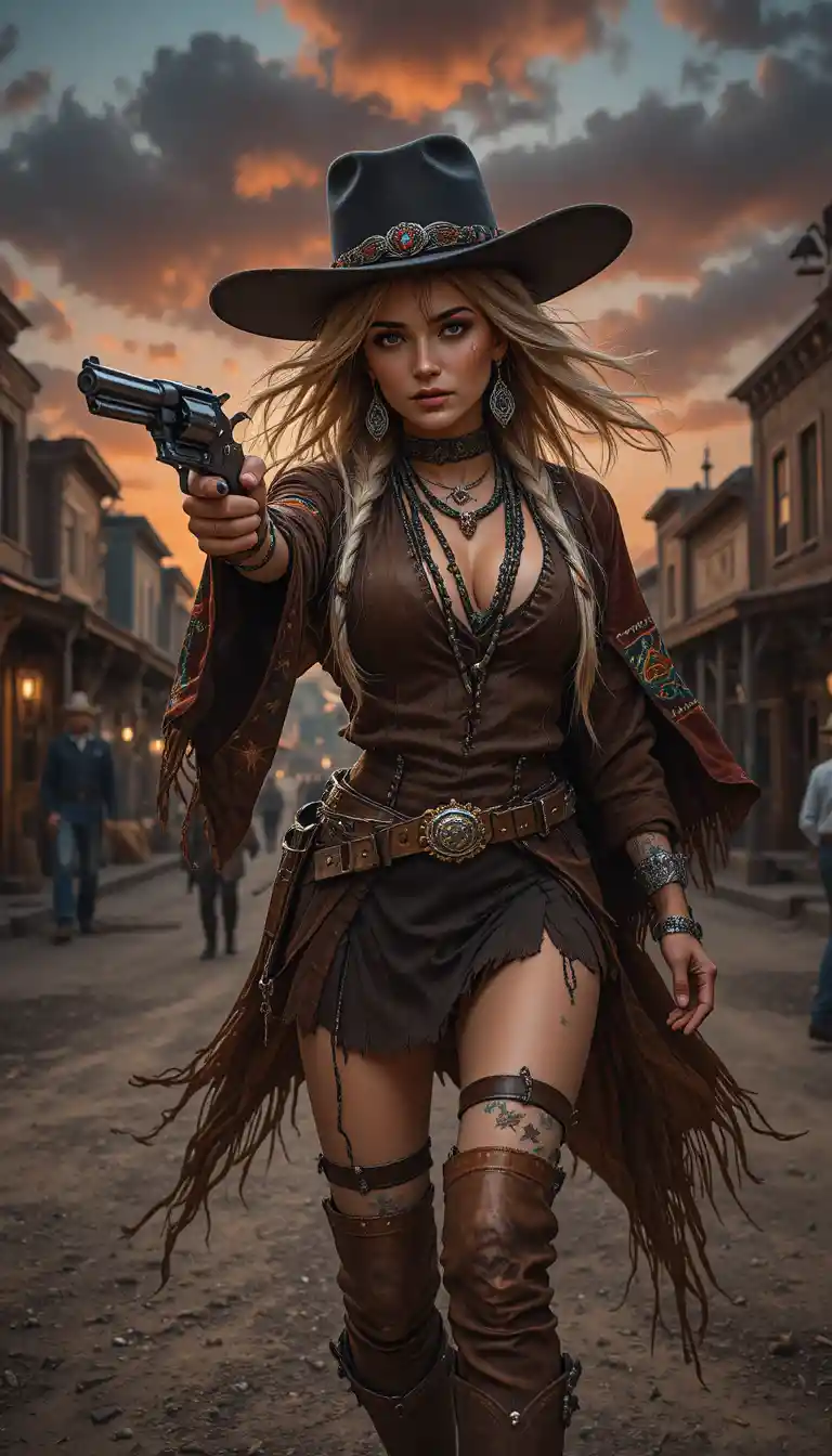Old west sheriff woman in a tense street gunfight