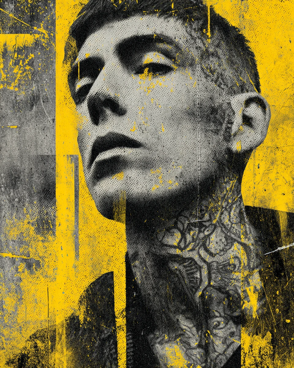 Gritty vintage portrait of tattooed man with acid yellow drips