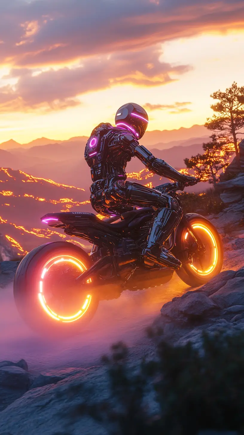 Futuristic robot riding a cyberpunk bike at sunset