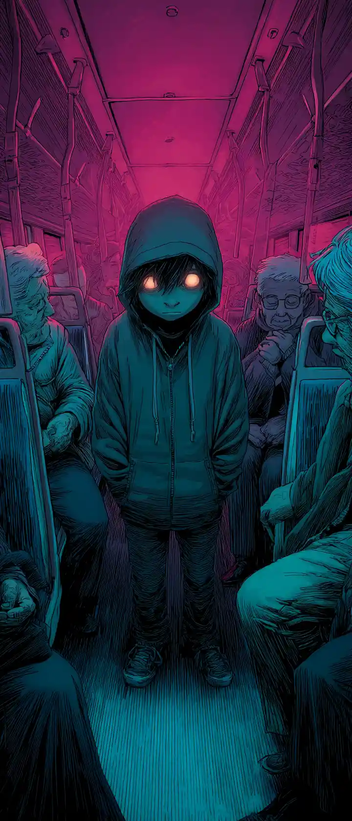 Vampire boy watching an elderly couple on night train