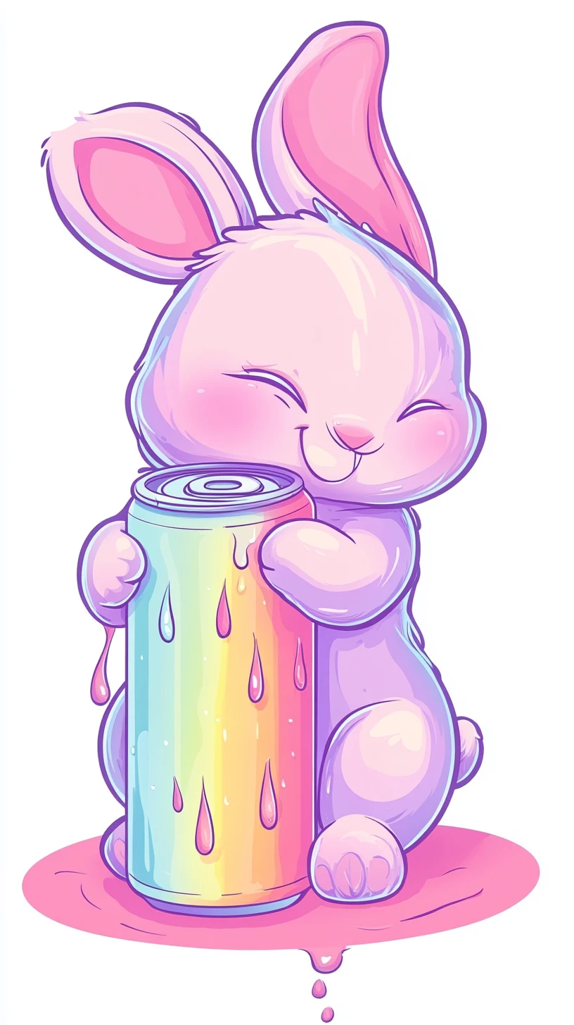 Conejito tierno de orejas caídas abrazando una colorida pegatina de lata de refresco
