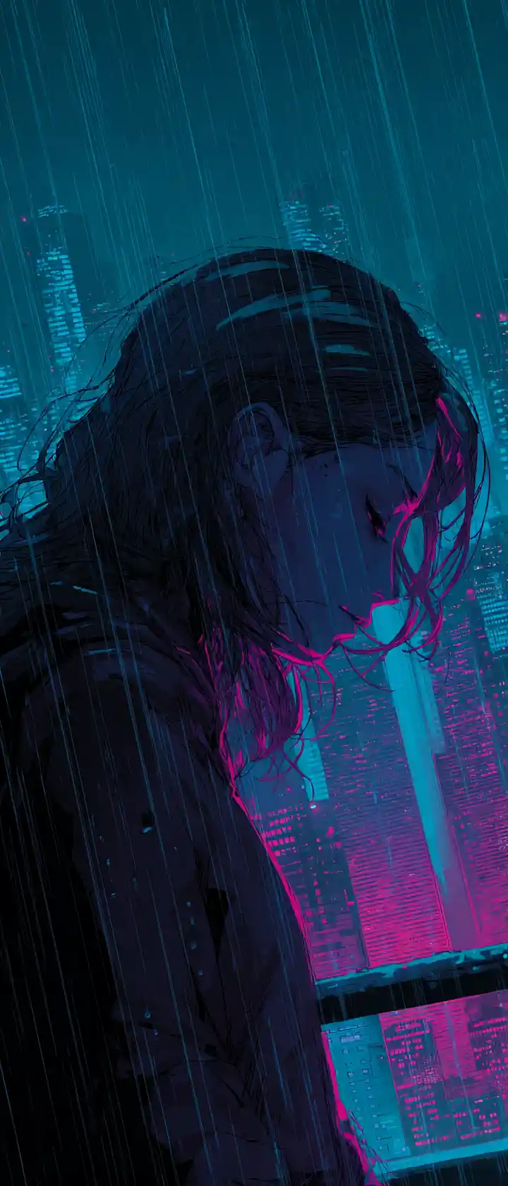 Girl On A Rainy Neon City Bridge With Tiny Alien