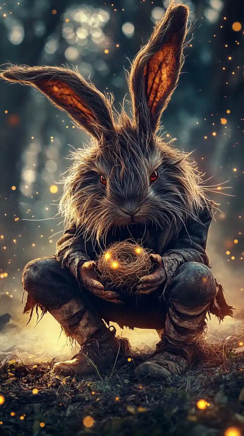 Ominous Rabbit In Torn Suit Holding An Easter Nest