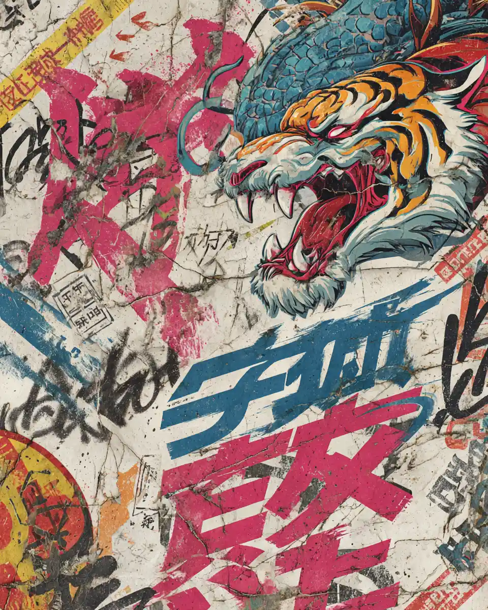 Poster retro-futuristico di Tokyo con scontro tra drago e tigre