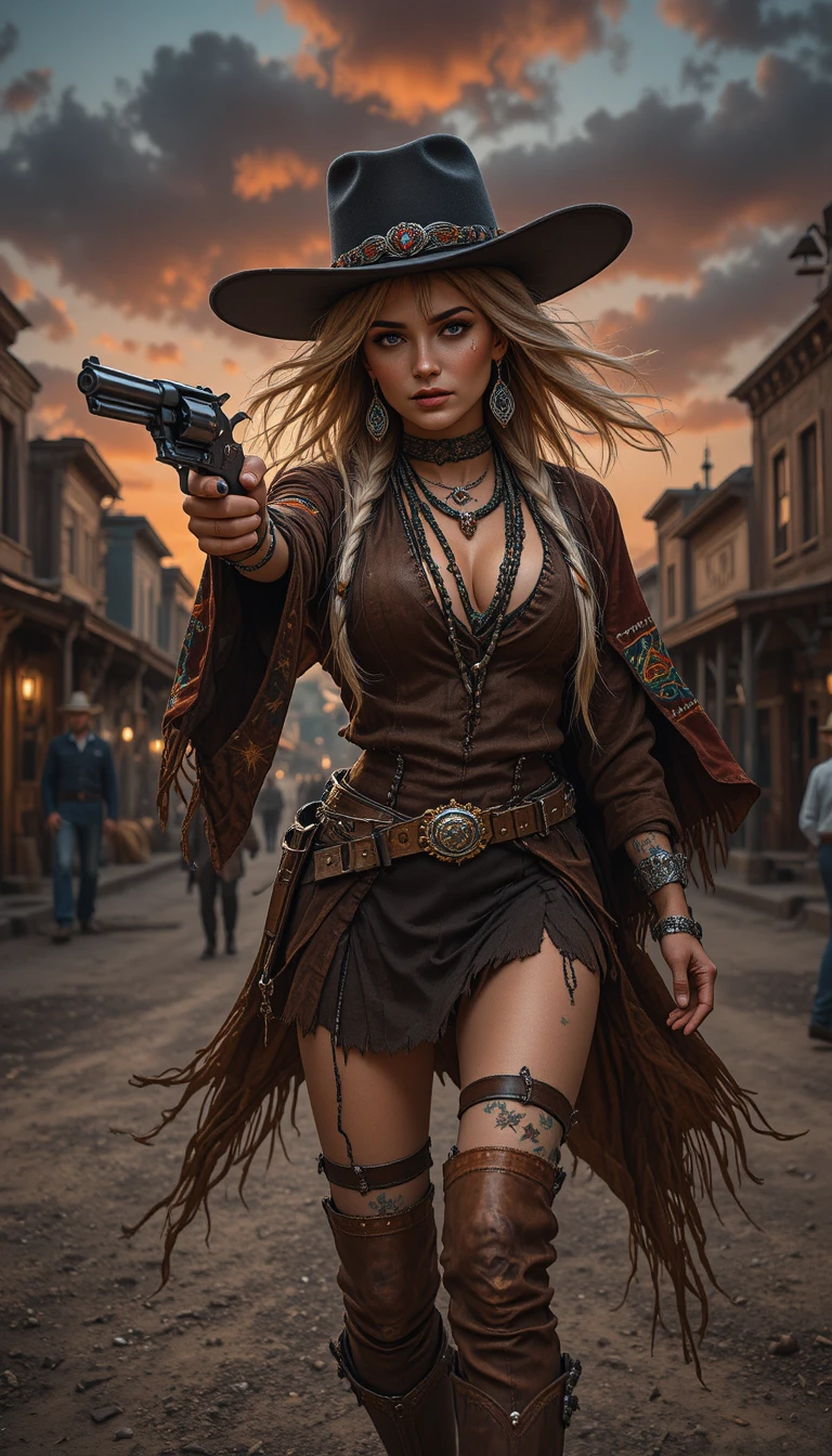 Old west sheriff woman in a tense street gunfight