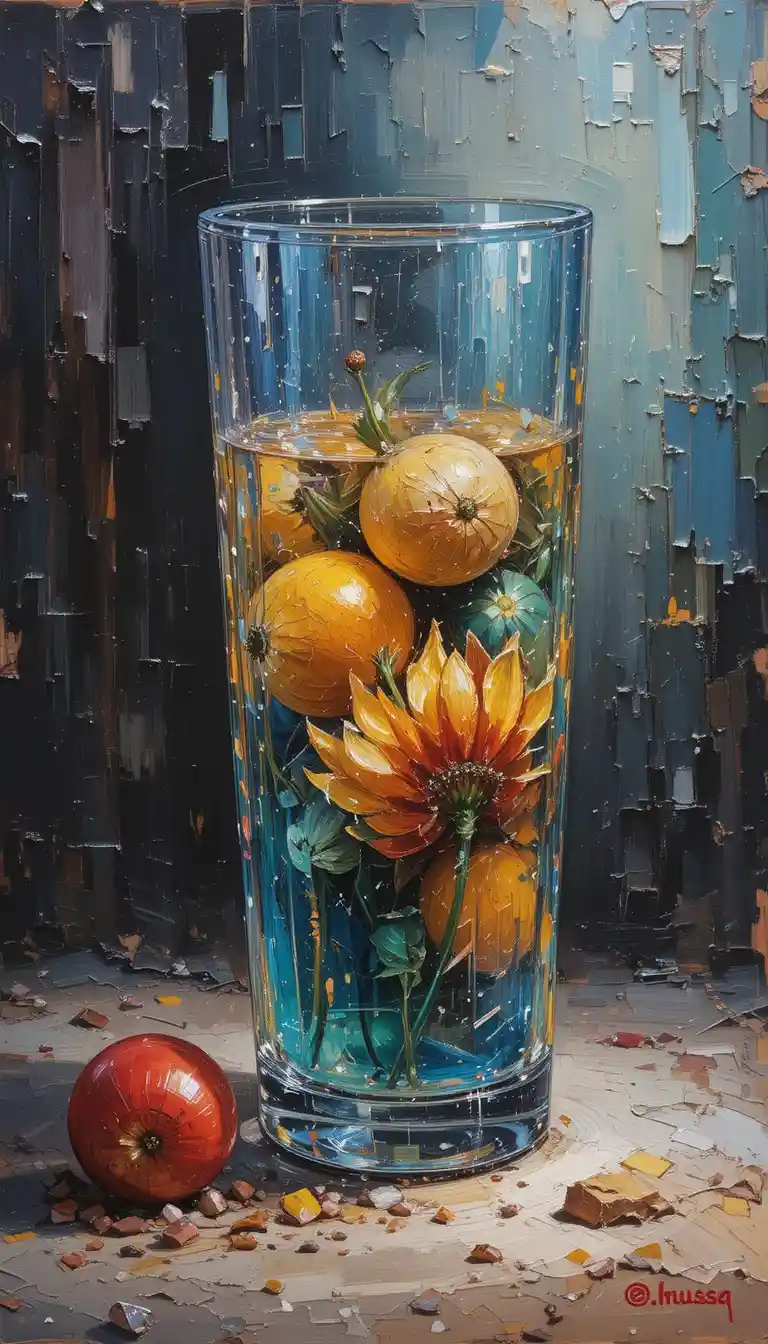 Colorful oil painting still life of reflective glassware