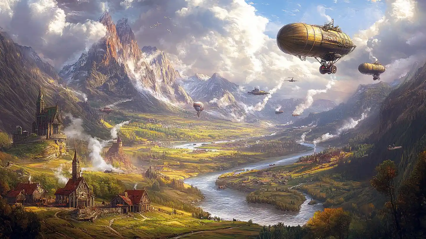 Steampunk airships over a river valley with mountain village