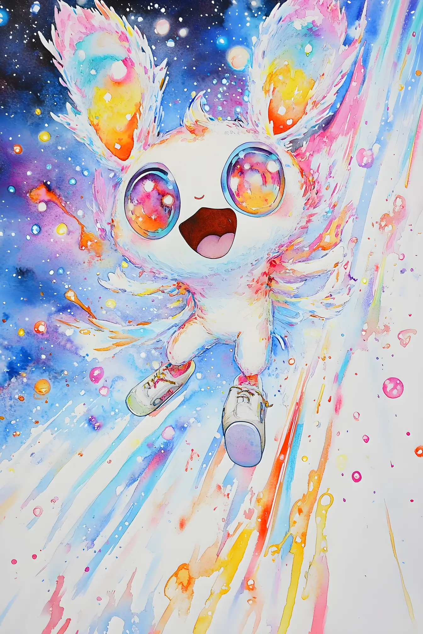 Whimsical puppet skating through a glowing starry galaxy