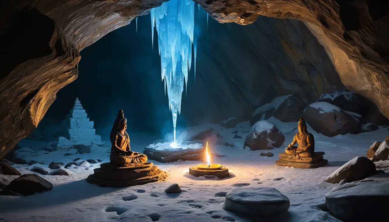 Divine figures beside a glowing shivling in icy cave