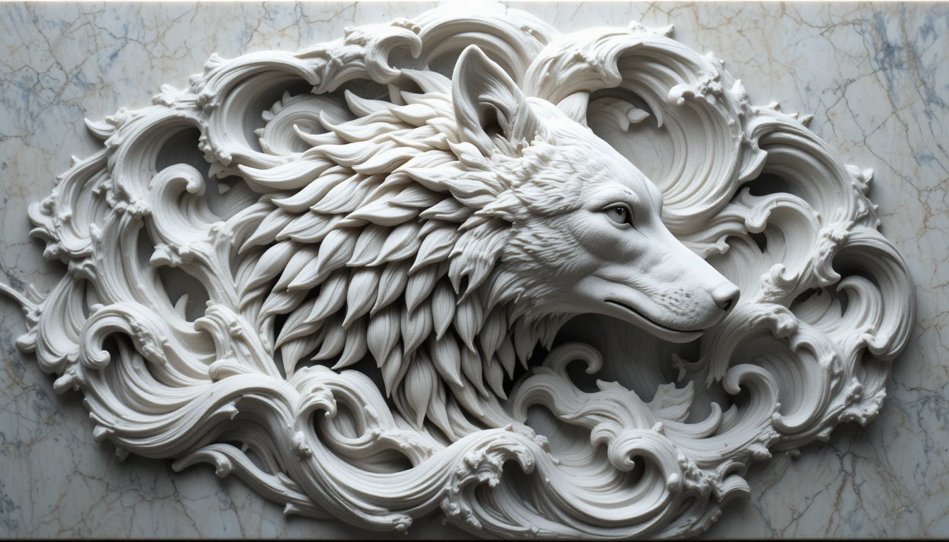 Marble relief wolf head in flowing stone side profile