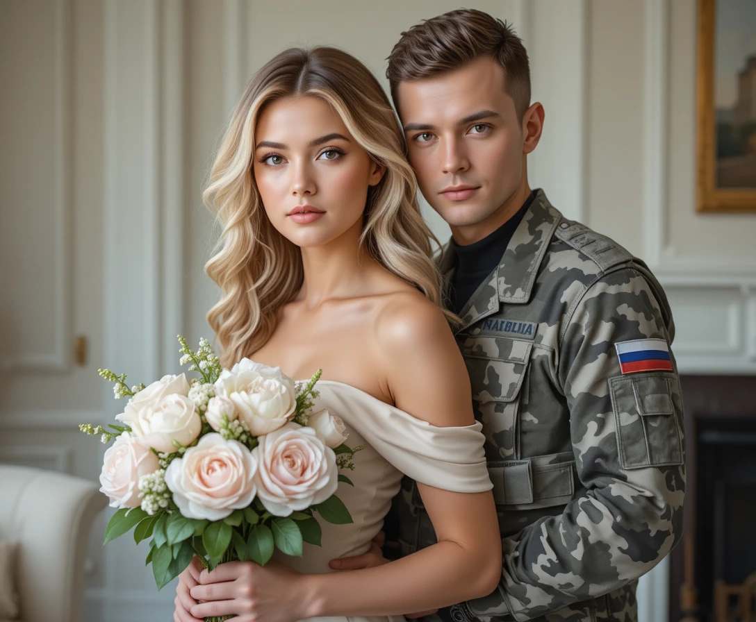 Bride holding pastel bouquet embraced by soldier groom