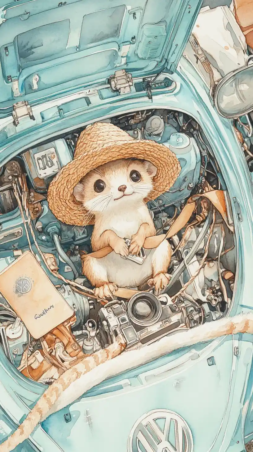 Watercolor marten sitting in a car engine chewing cables