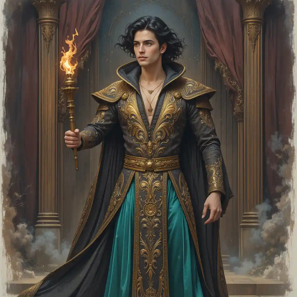 Mystical man in embroidered tunic holding a torch