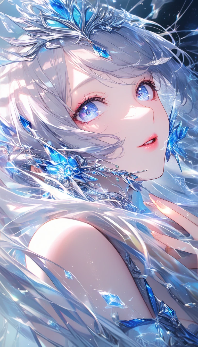 Ice princess portrait with glowing blue aurora eyes