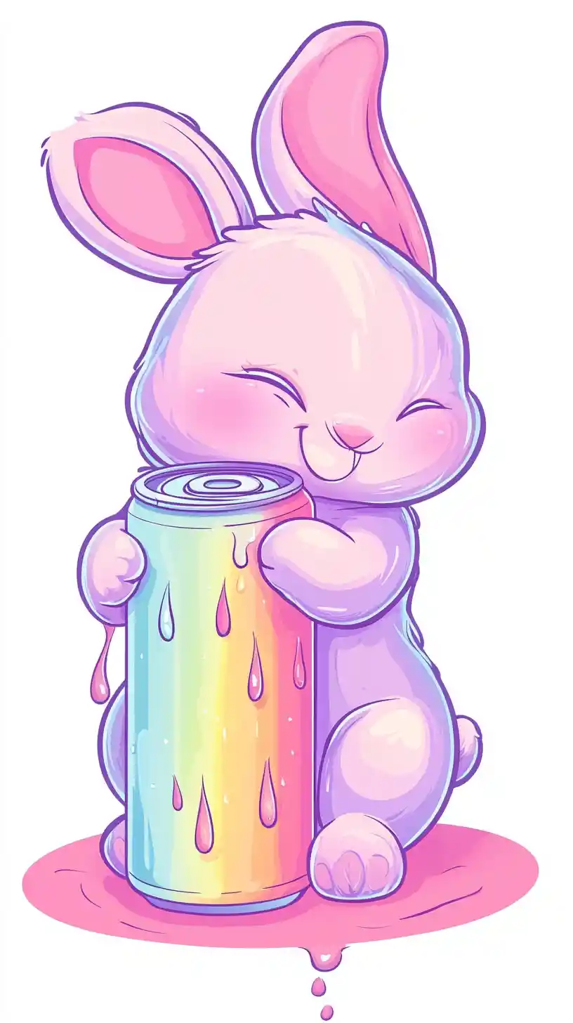 Dolce coniglietto dalle orecchie lunghe che abbraccia un adesivo colorato con lattina di soda